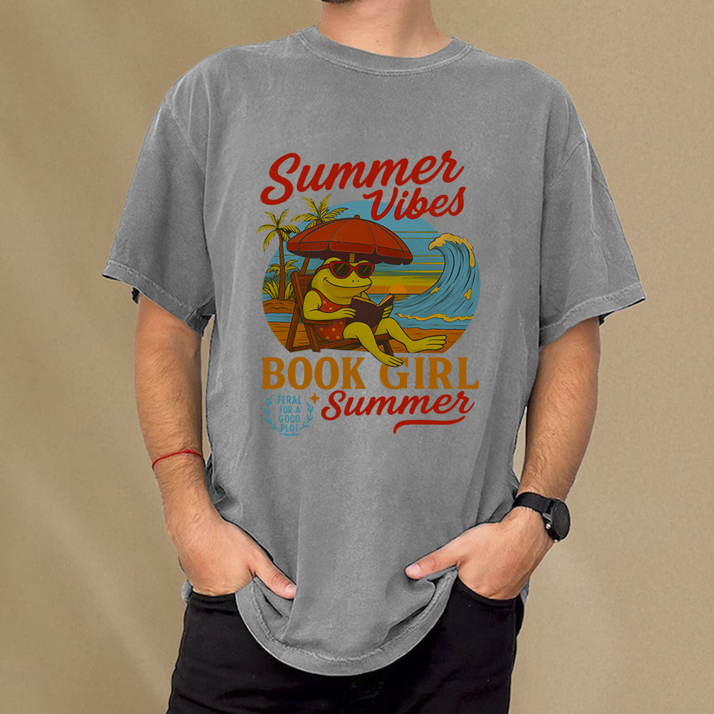 Pagewings Book Girl Summer Feral Raccoon Unisex Washed T-shirt