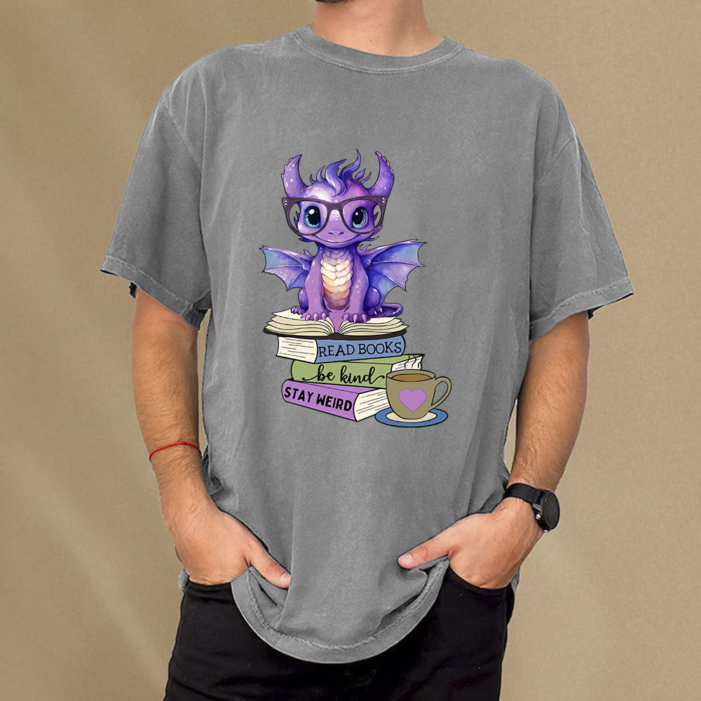 Pagewings Dragon Read Books Be Kind Stay Weird Unisex Washed T-shirt