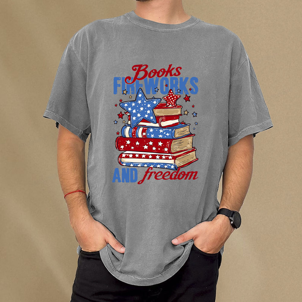 Pagewings Books Fireworks and Freedom Retro Unisex Washed T-shirt