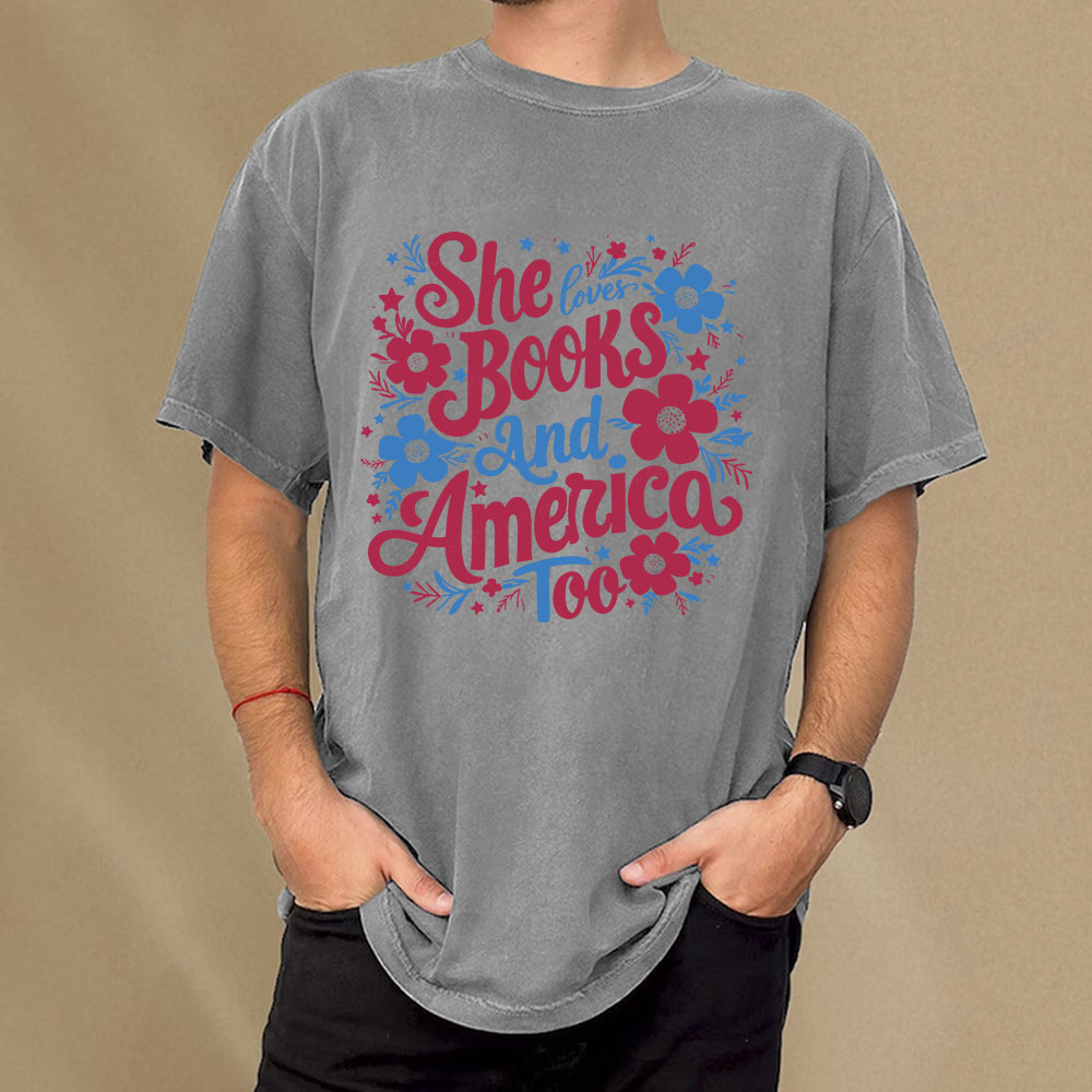 Pagewings She Loves Books And America Too Unisex Washed T-shirt