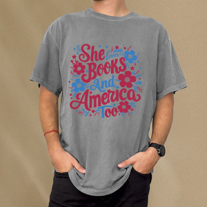 Pagewings She Loves Books And America Too Unisex Washed T-shirt
