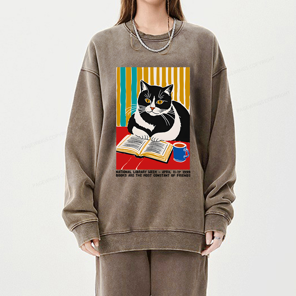 Pagewings Ational Library Week Cat Poster Unisex Washed Sweatshirt