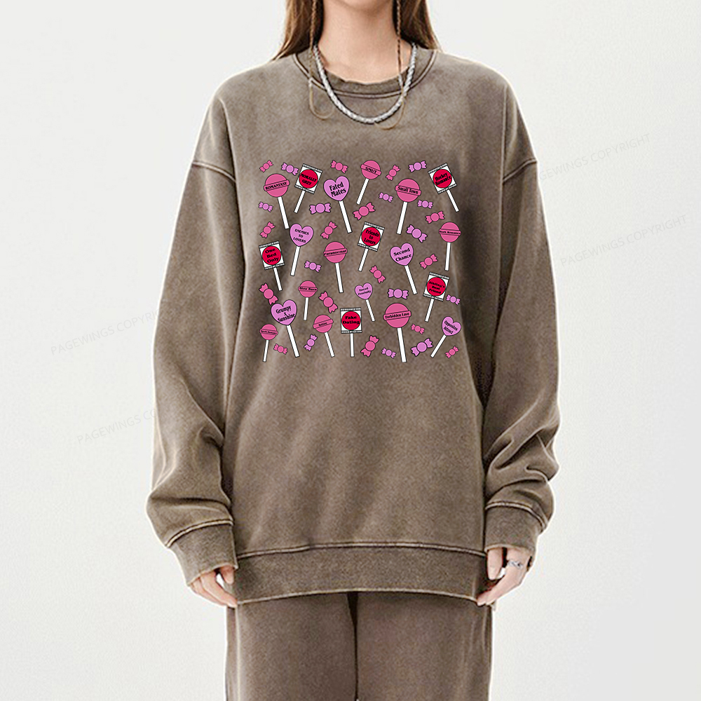 Pagewings Cute Candy-Themed Bookish Unisex Washed Sweatshirt