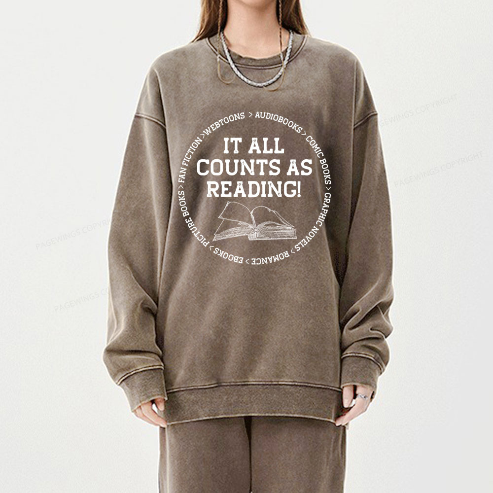 Pagewings It All Counts As Reading Unisex Washed Sweatshirt