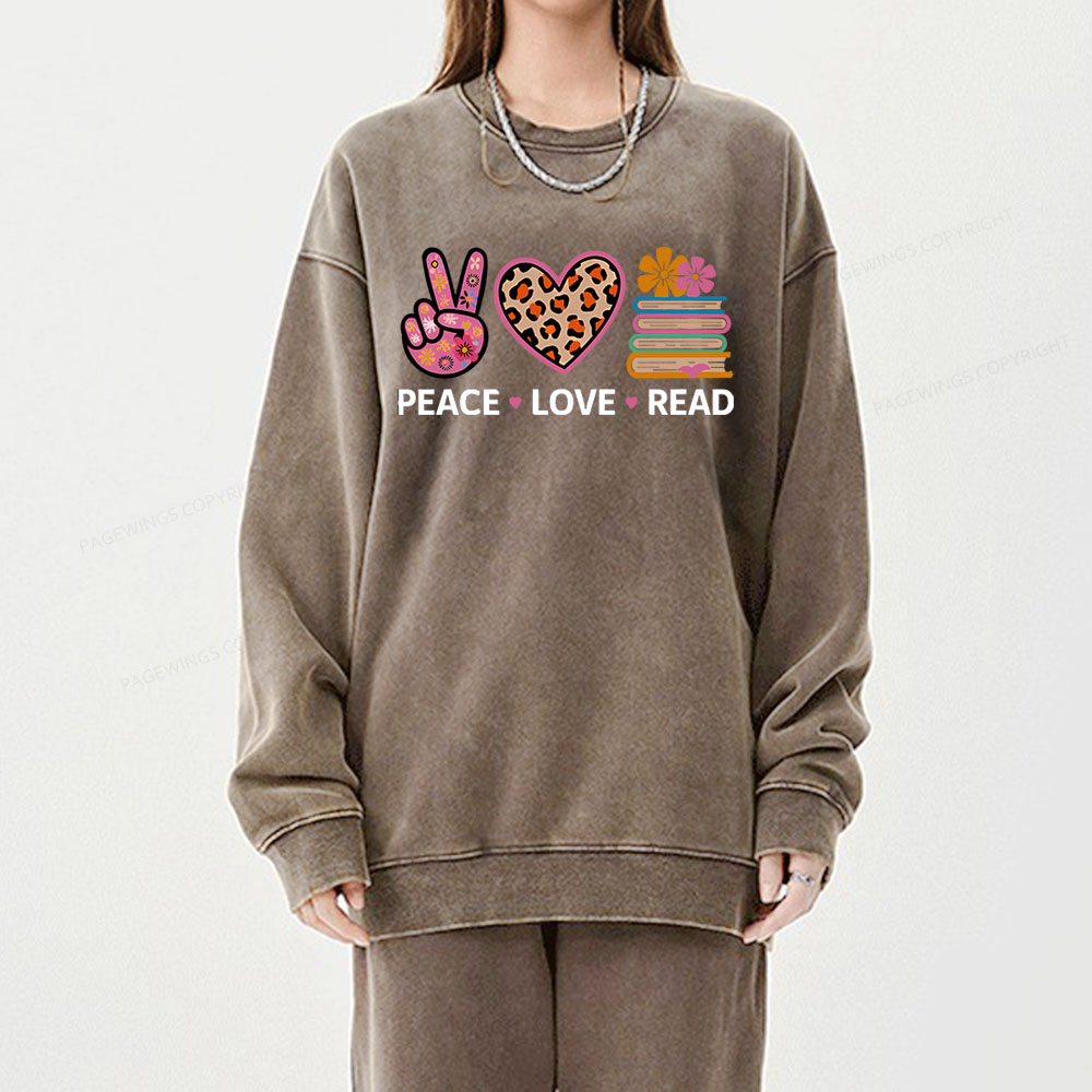 Pagewings Peace Love Read World Book Day Unisex Washed Sweatshirt
