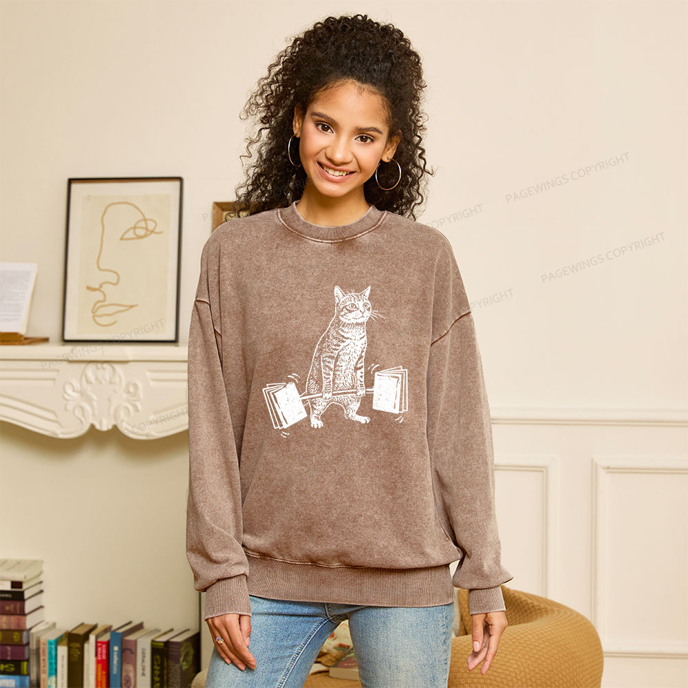 Pagewings Funny Cat Love Books Unisex Washed Sweatshirt