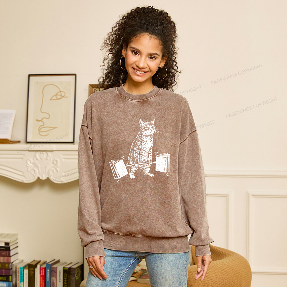Pagewings Funny Cat Love Books Unisex Washed Sweatshirt