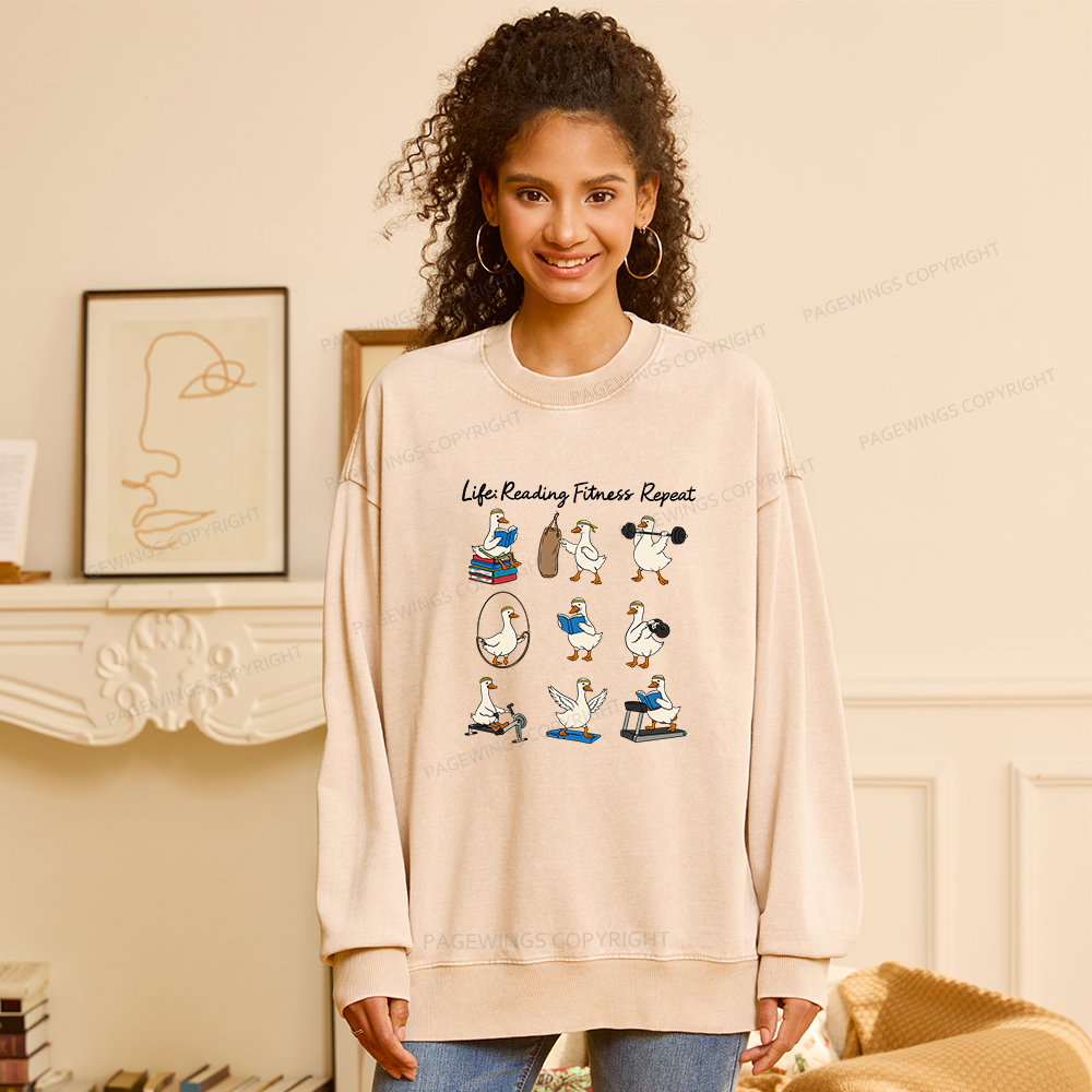 Pagewings Life Reading Fitness Repeat Unisex Washed Sweatshirt