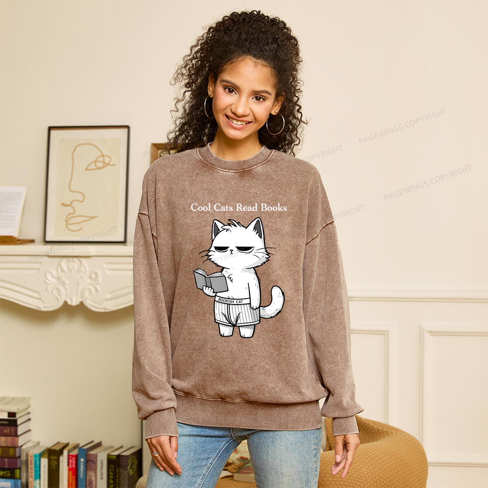 Pagewings Cool Cats Read Books Unisex Washed Sweatshirt