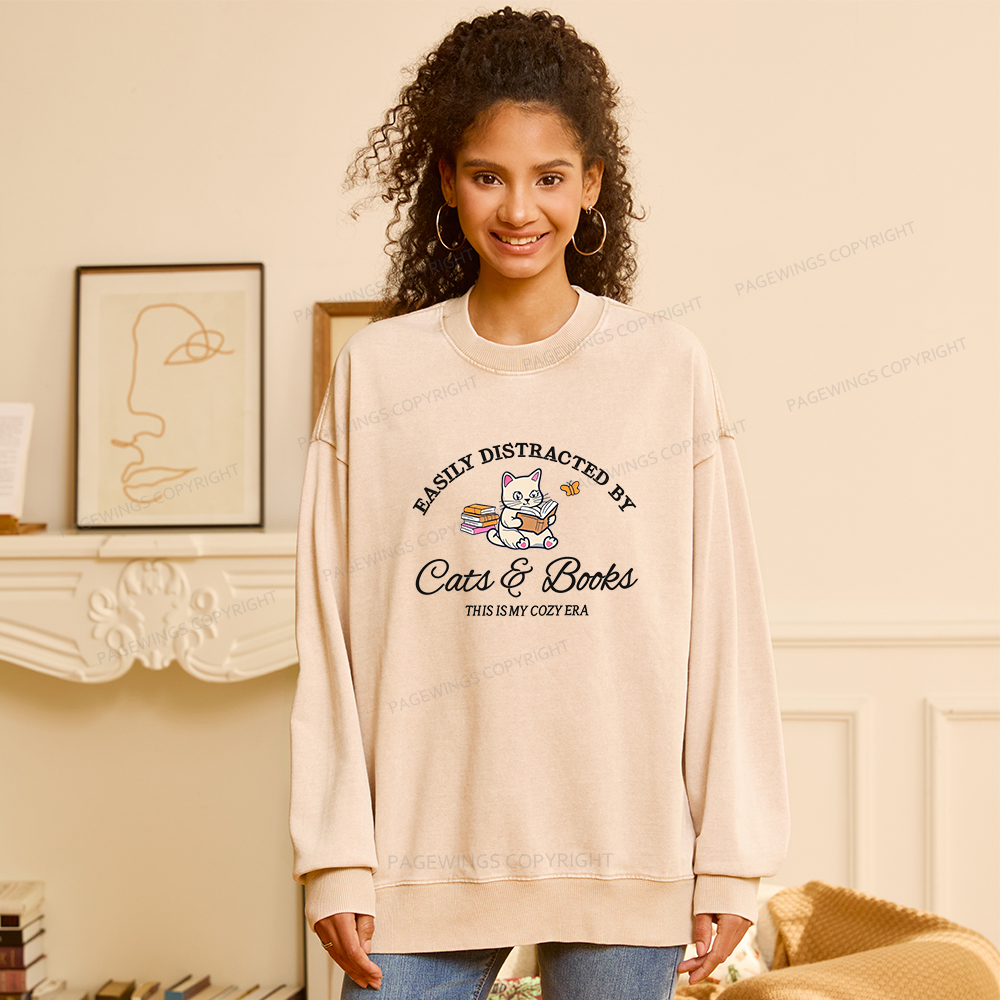 Pagewings Cats and Books Unisex Washed Sweatshirt