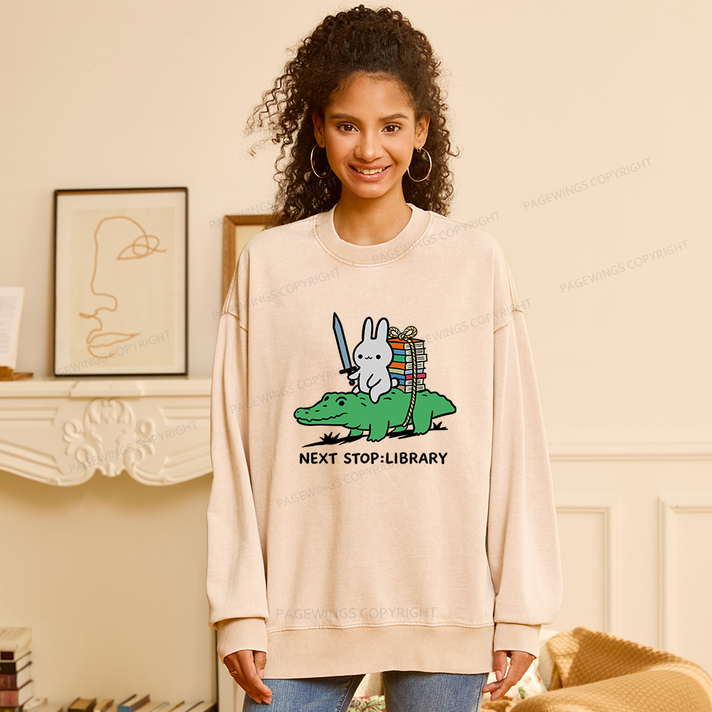 Pagewings Next Stop Library Unisex Washed Sweatshirt