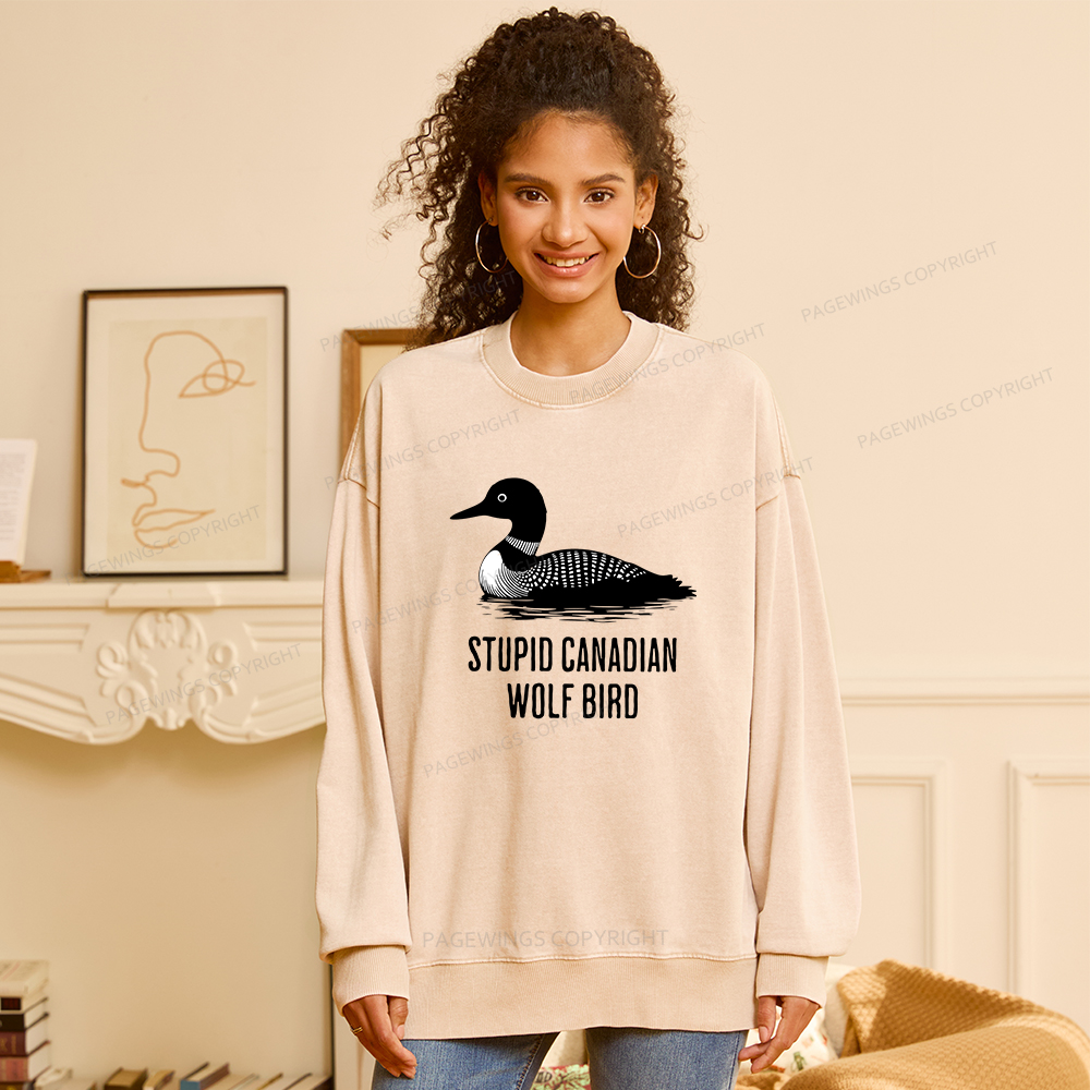 Pagewings Stupid Canadian Wolf Bird Unisex Washed Sweatshirt