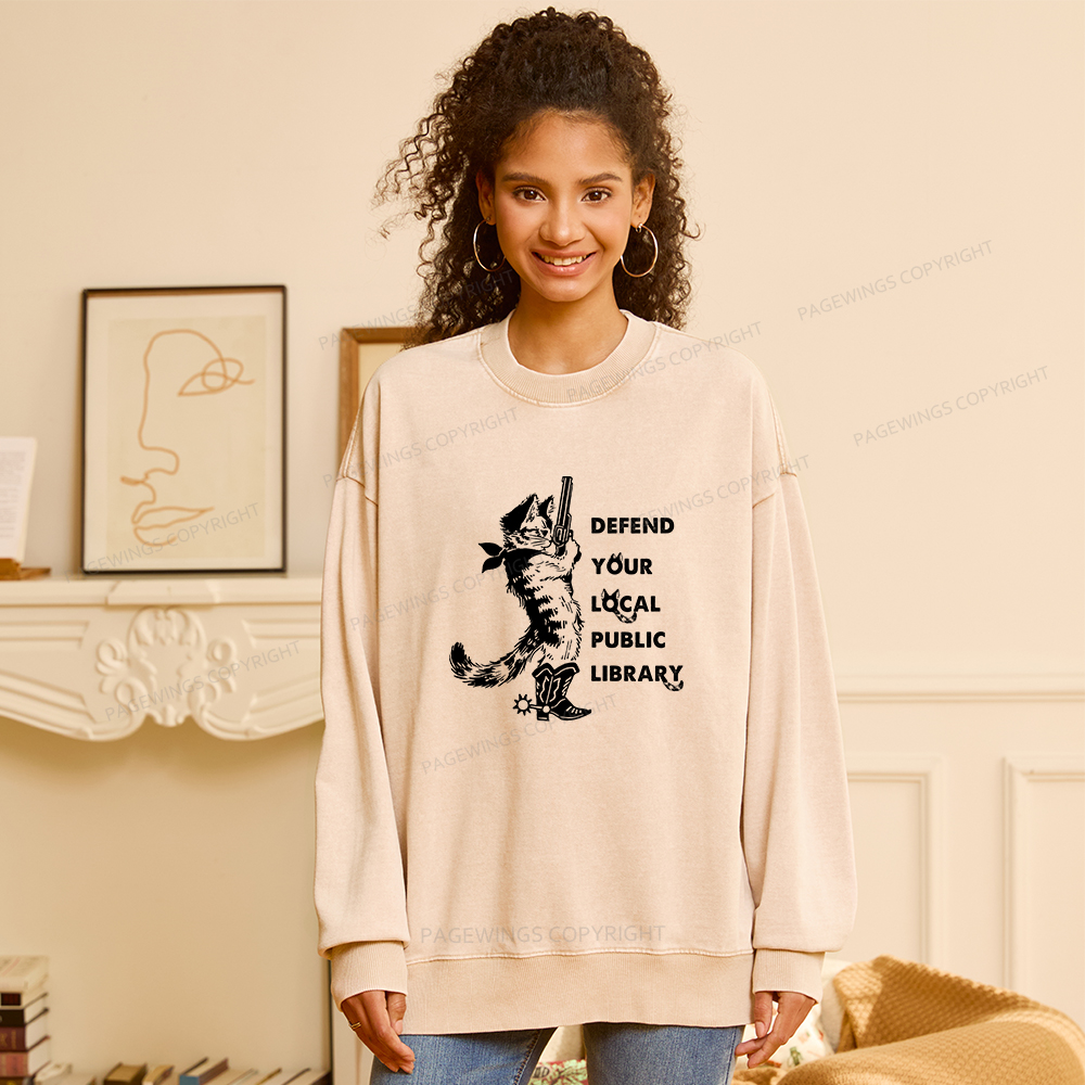 Pagewings Cat Defend Your Local Public Library Unisex Washed Sweatshirt