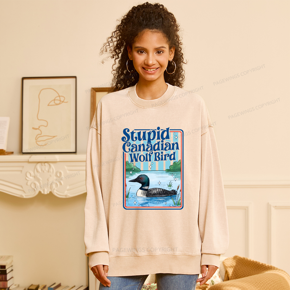 Pagewings Stupid Canadian Wolf Bird Unisex Washed Sweatshirt