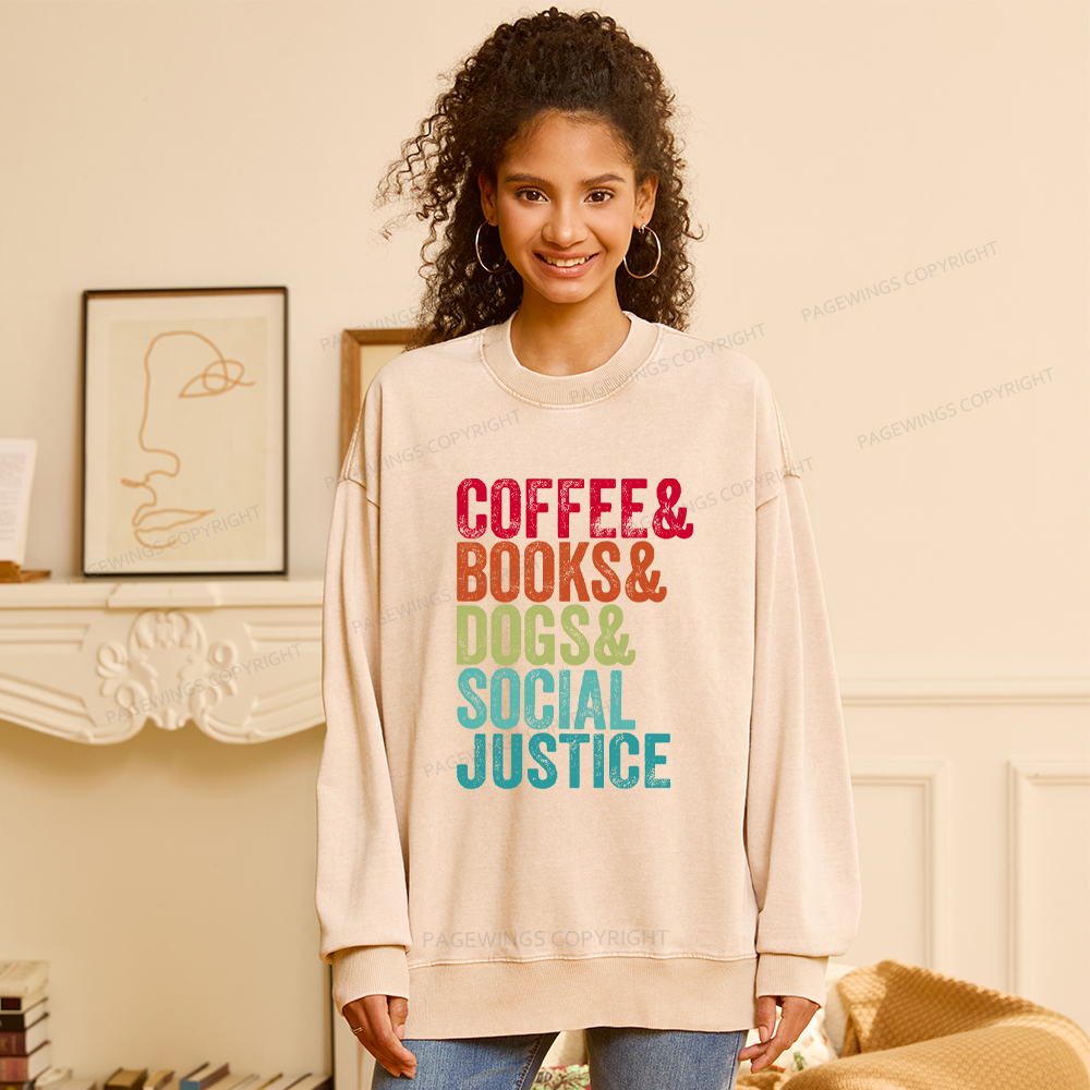Pagewings Books Coffee Dogs Social Justice Washed Sweatshirt
