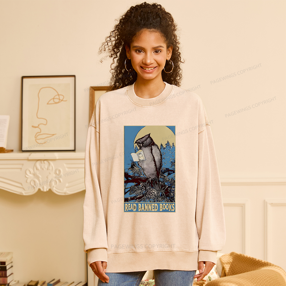 Pagewings Owl Read Banned Books Washed Sweatshirt