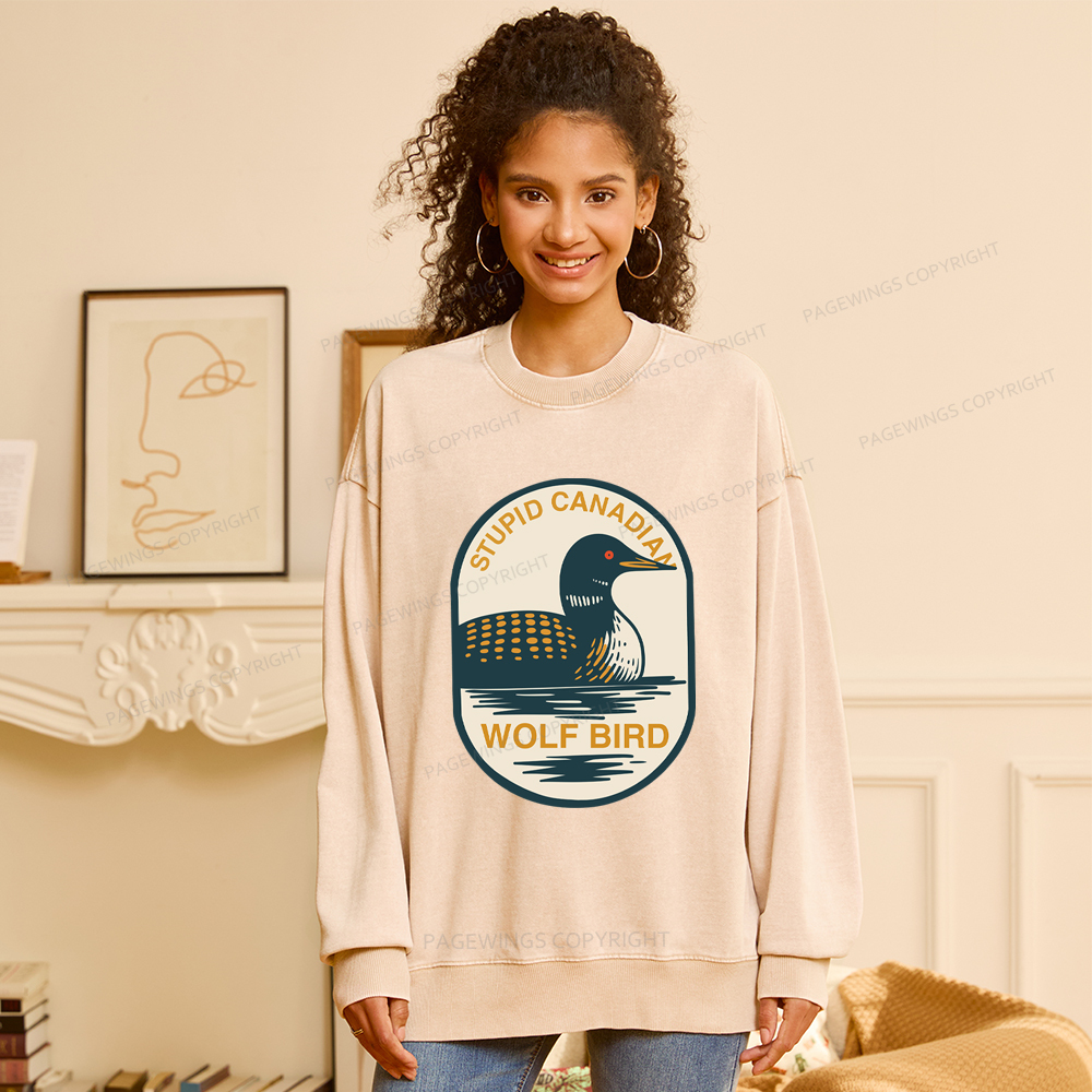 Pagewings Stupid Canadian Wolf Bird Washed Sweatshirt