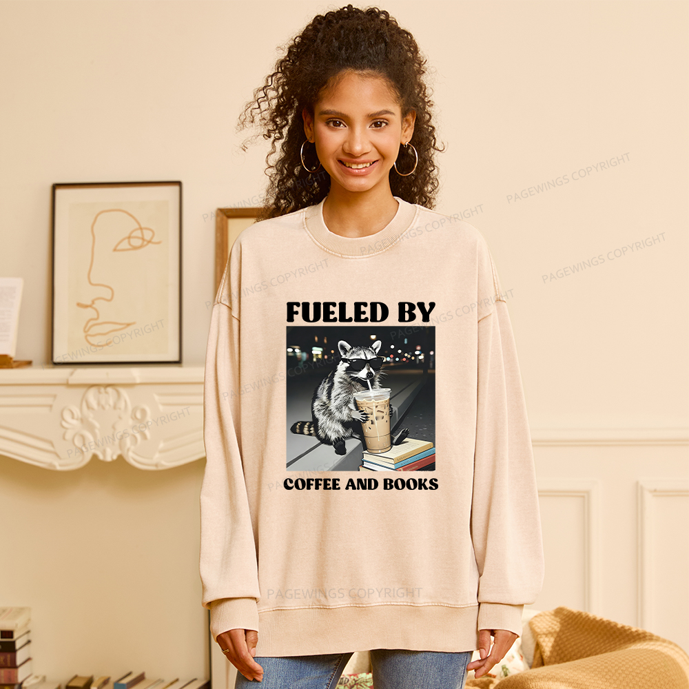 Pagewings Raccoon Reading And Drinking Iced Coffee Washed Sweatshirt