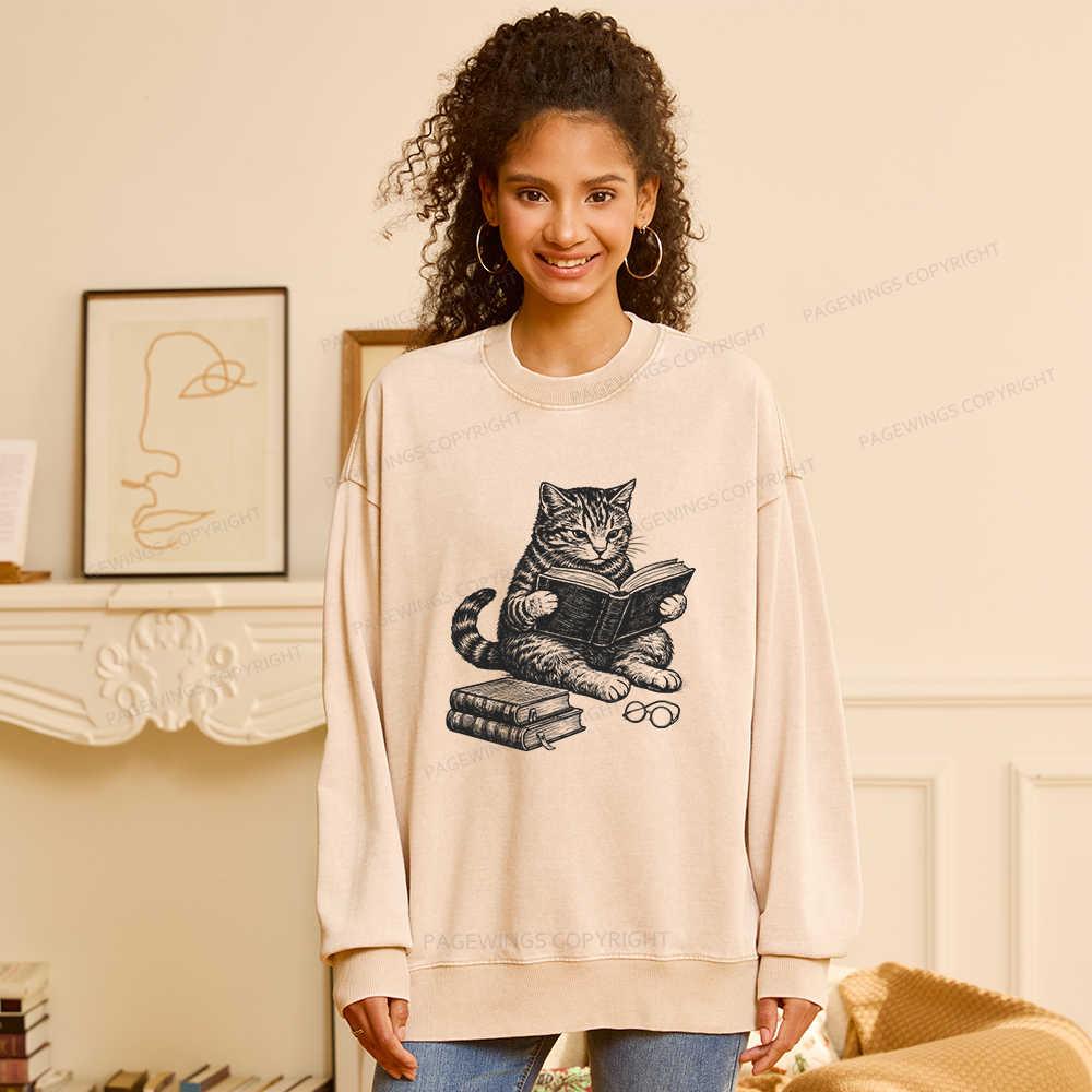 Pagewings Cat Reading Book Unisex Washed Sweatshirt