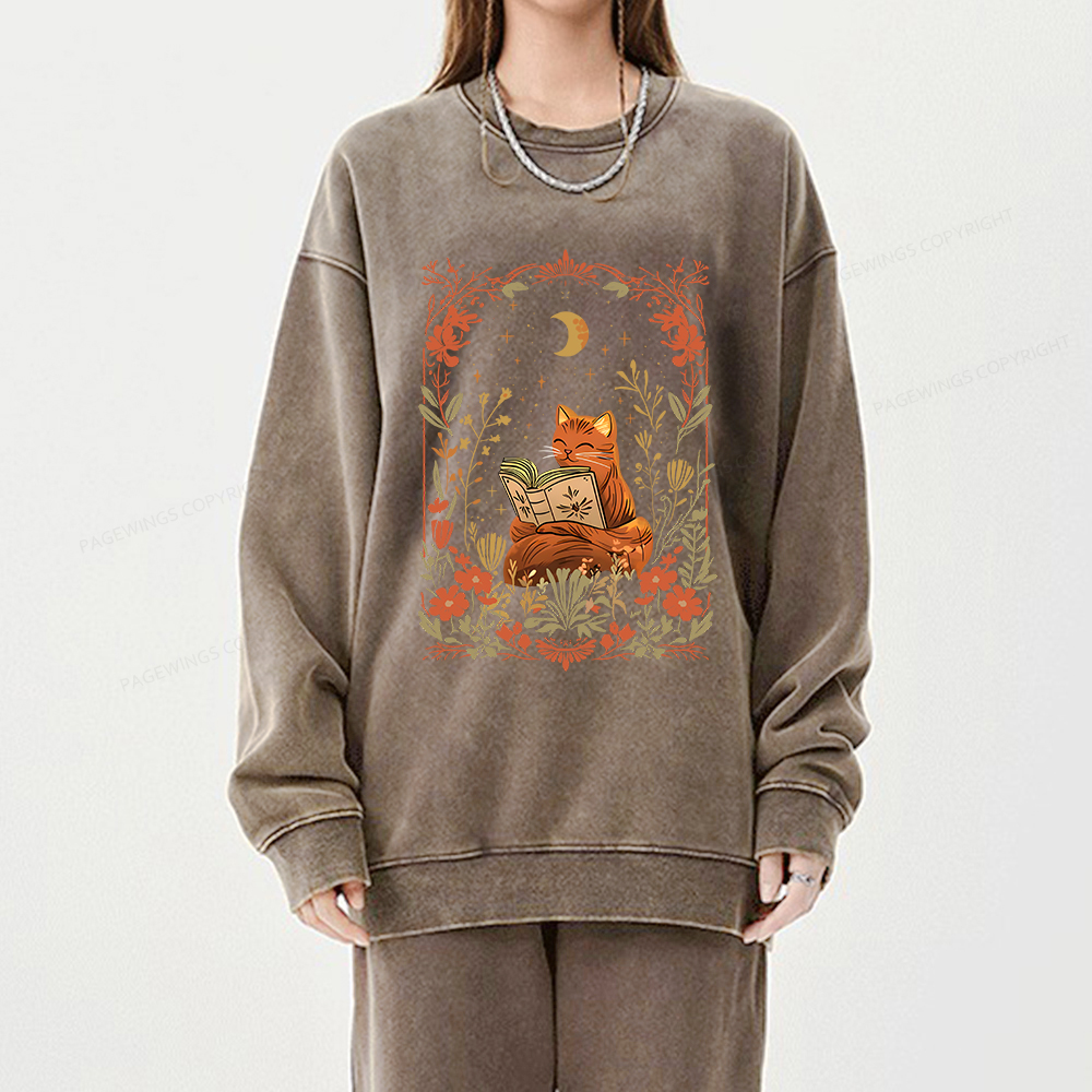 Pagewings Cat Wildflower Book Reading Unisex Washed Sweatshirt