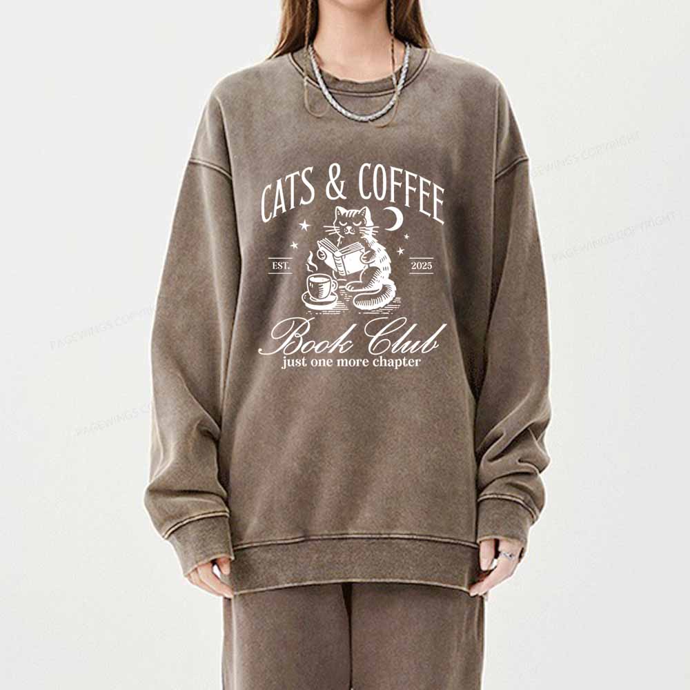 Pagewings Cats and Coffee Bookclub Unisex Washed Sweatshirt