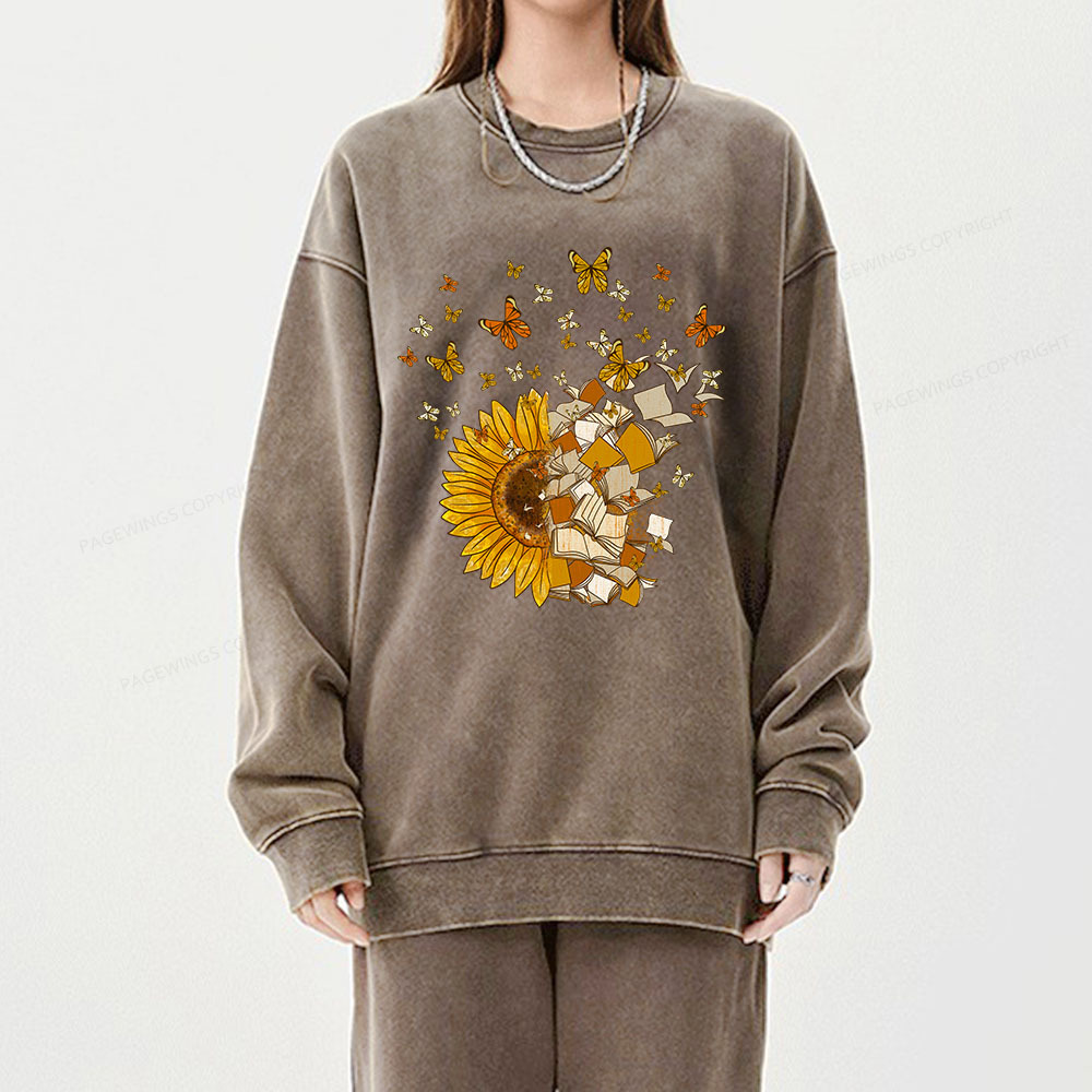 Pagewings Sunflower And Book Harmony Unisex Washed Sweatshirt
