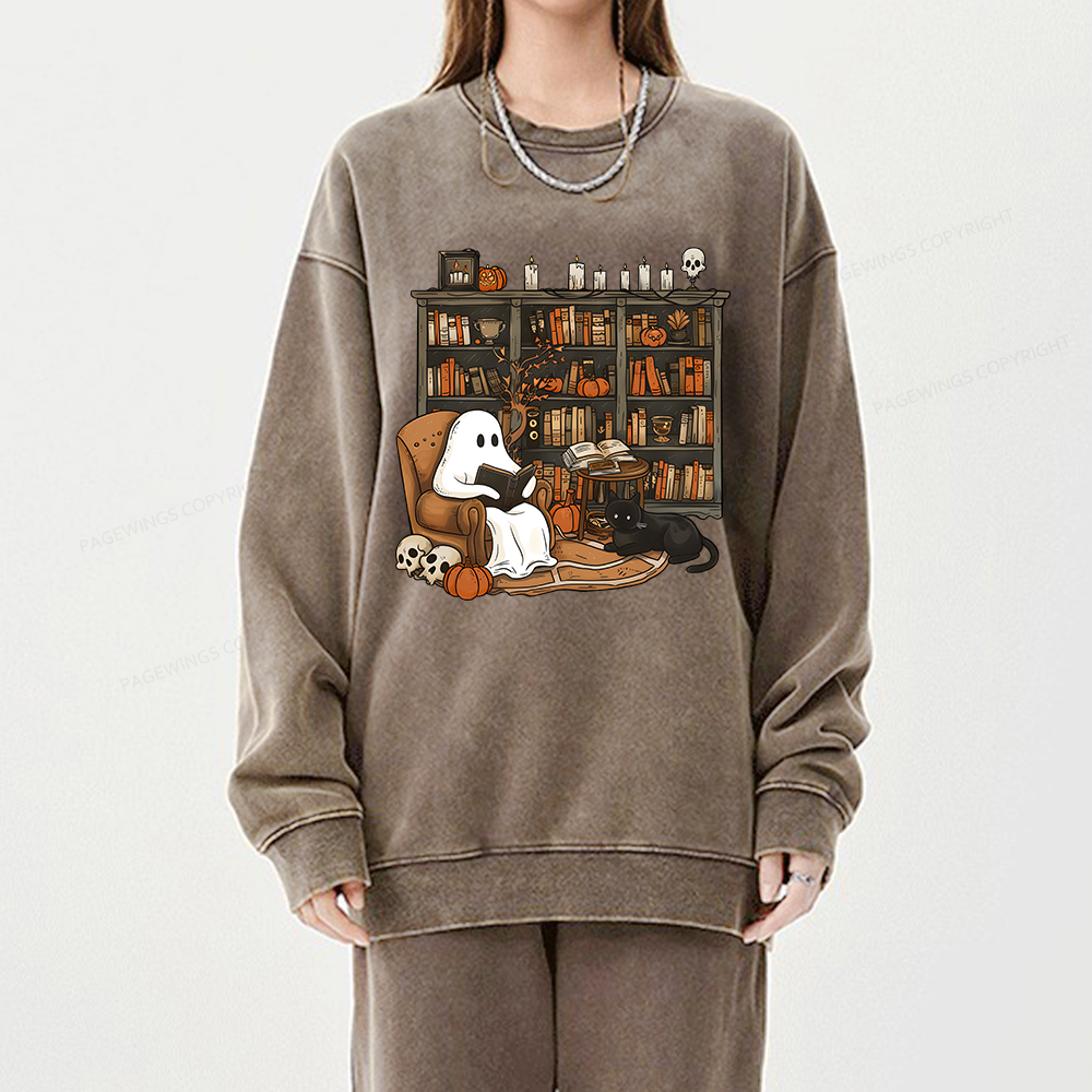 Pagewings Halloween Ghost Reading Books Unisex Washed Sweatshirt