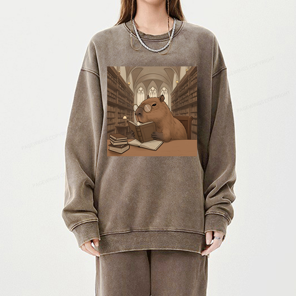 Pagewings The Reader Capybara Unisex Washed Sweatshirt