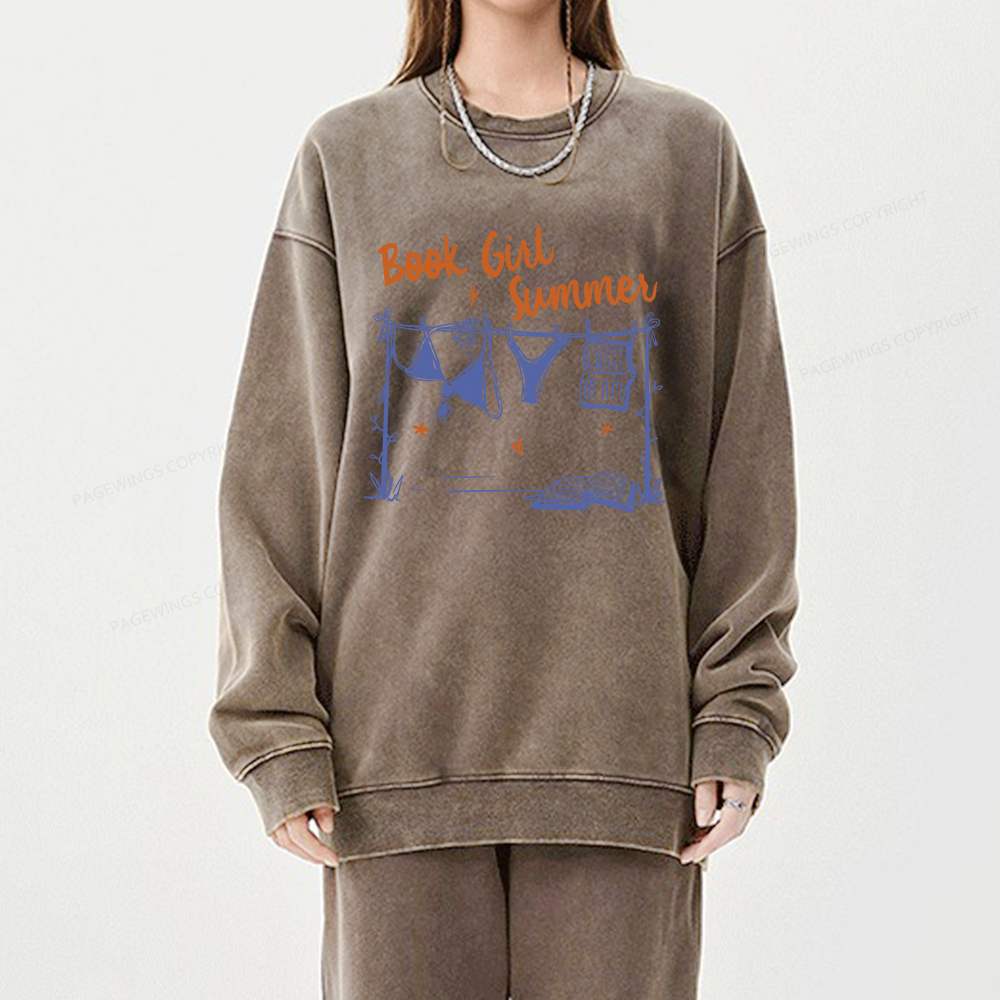 Pagewings Book Girl Summer Bookish Unisex Washed Sweatshirt