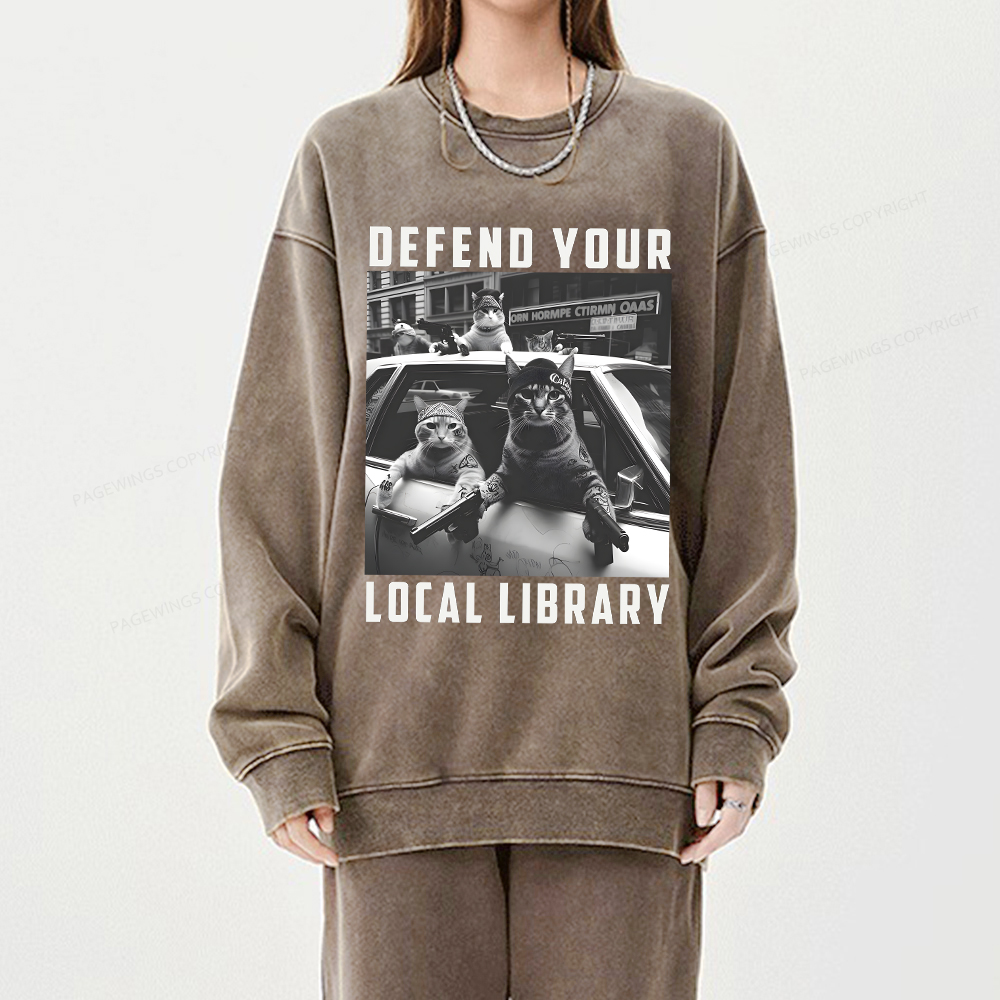 Pagewings Defend Your Local Library Unisex Washed Sweatshirt