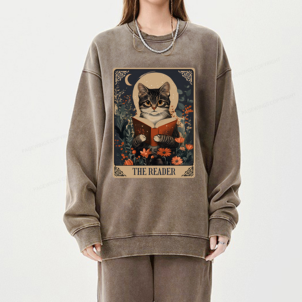 Pagewings The Reader Tarot Card Cat Unisex Washed Sweatshirt