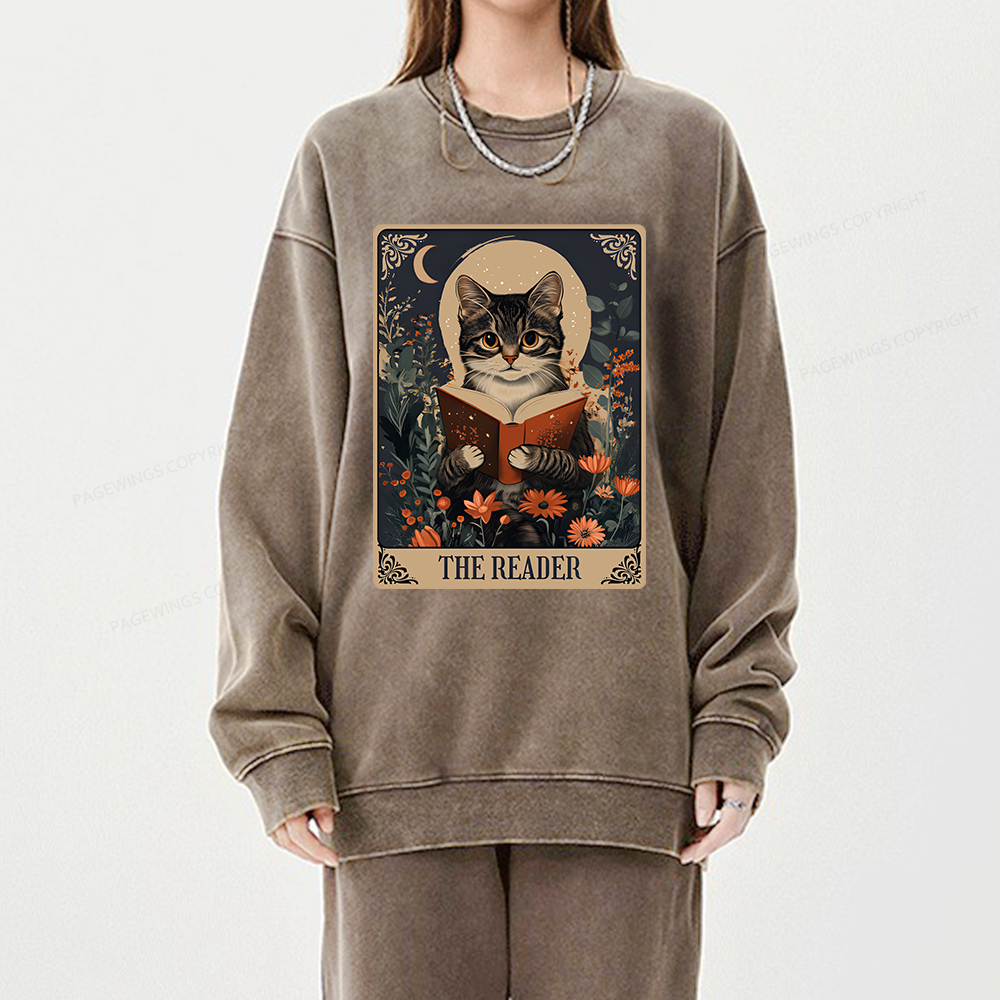 Pagewings The Reader Tarot Card Cat Unisex Washed Sweatshirt