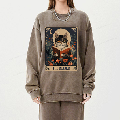 Pagewings The Reader Tarot Card Cat Unisex Washed Sweatshirt