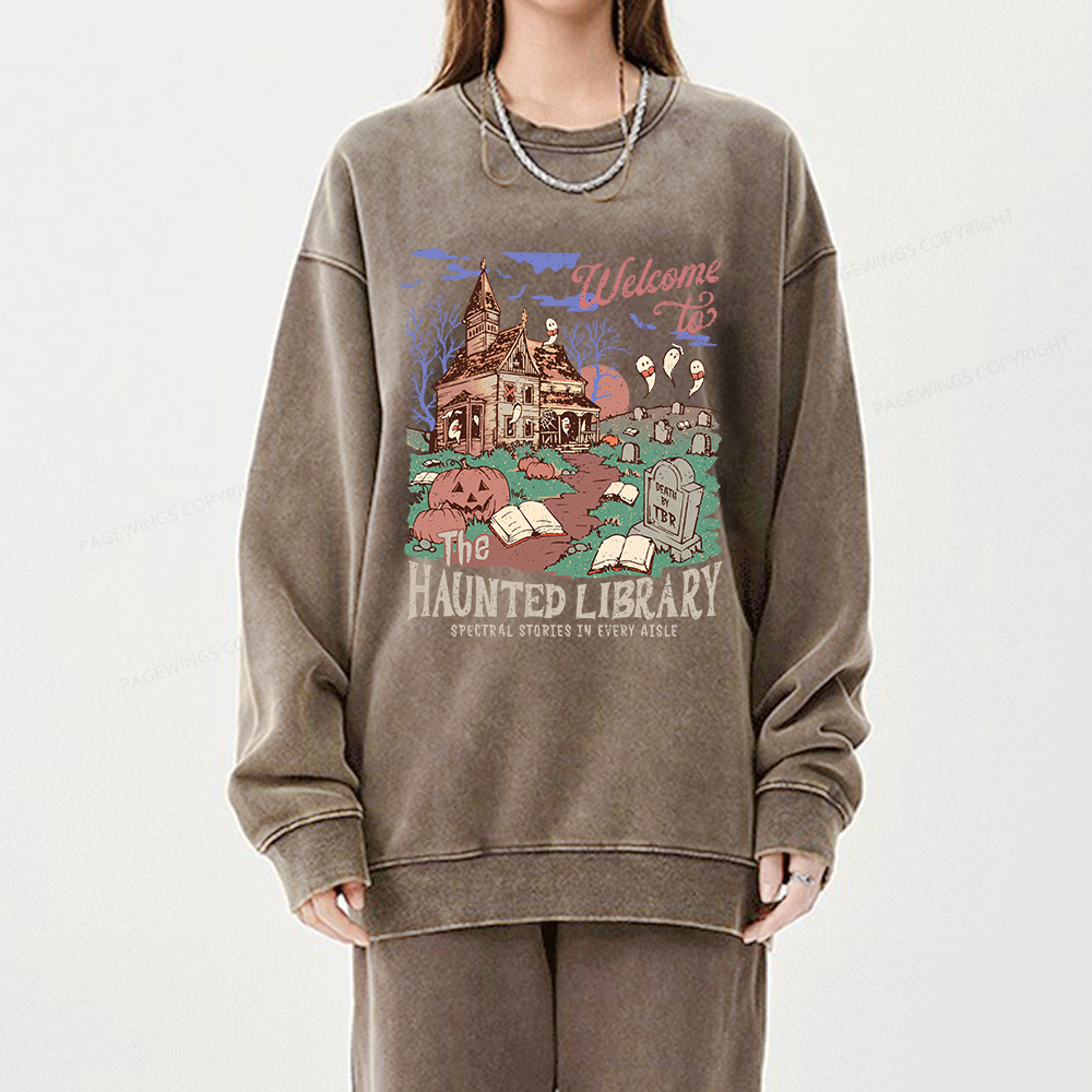 Pagewings Welcome To The Haunted Library Unisex Washed Sweatshirt