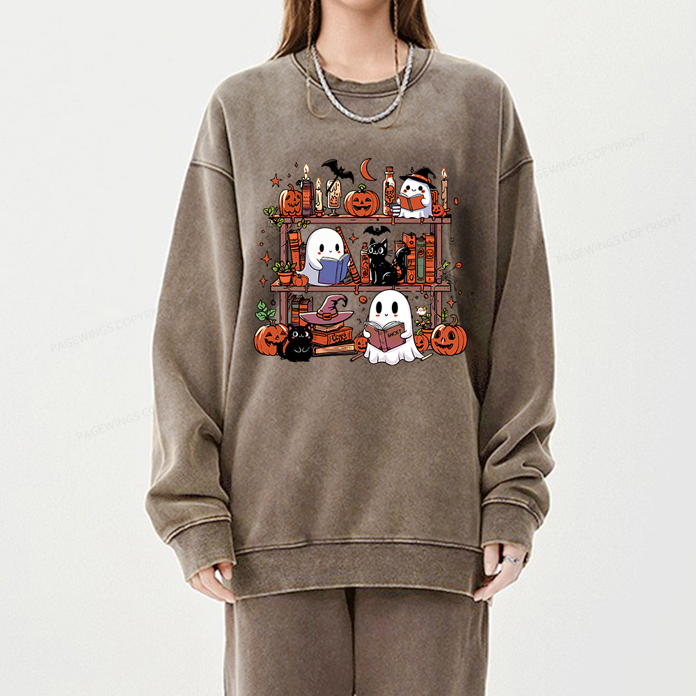 Pagewings Halloween Library Unisex Washed Sweatshirt