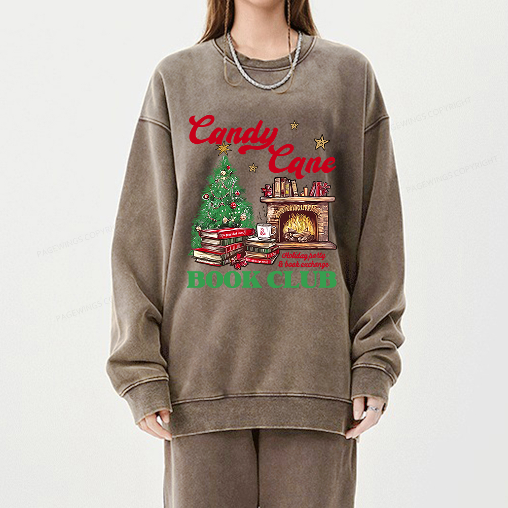 Pagewings Candy Cane Christmas Book Club Unisex Washed Sweatshirt