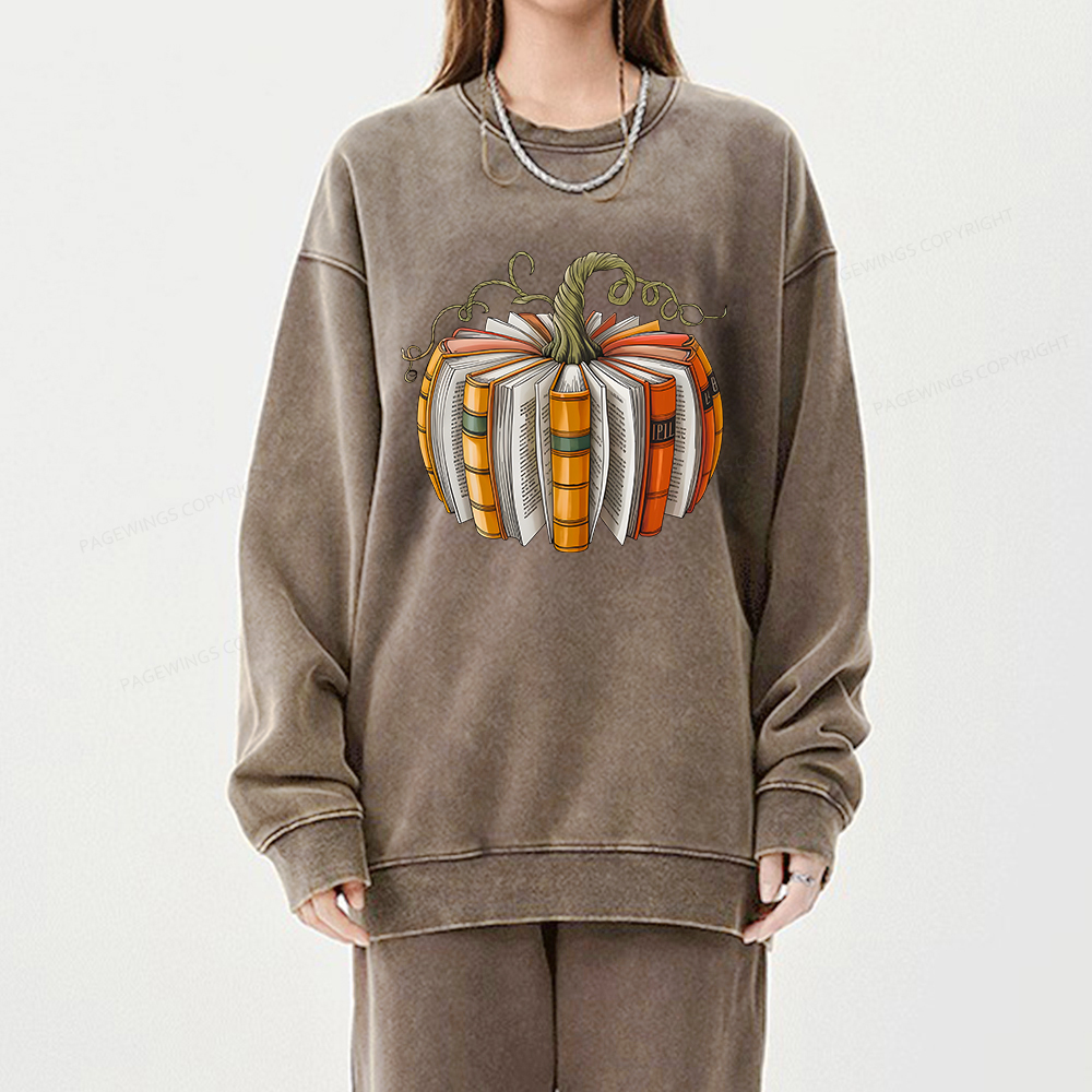 Pagewings Fall Book Pumpkin Unisex Washed Sweatshirt