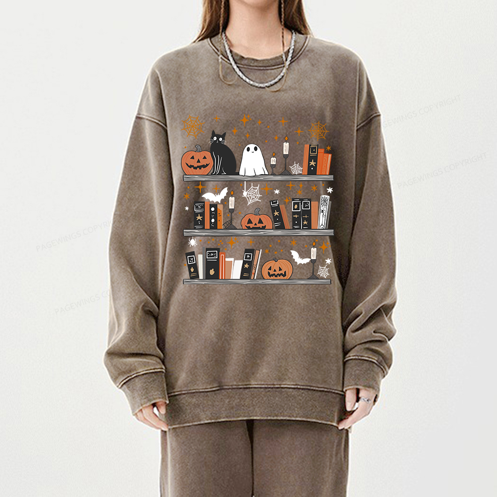Pagewings Halloween Book Shelf Summerween Unisex Washed Sweatshirt
