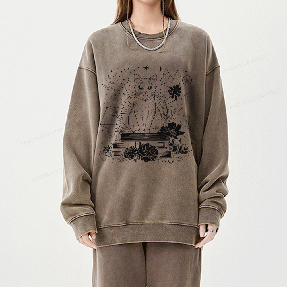 Pagewings Black Cat Book Lover Unisex Washed Sweatshirt