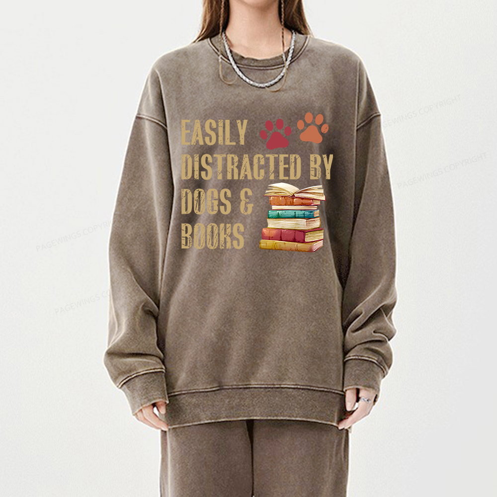 Pagewing Easily Distracted By Dogs And Books Unisex Washed Sweatshirt