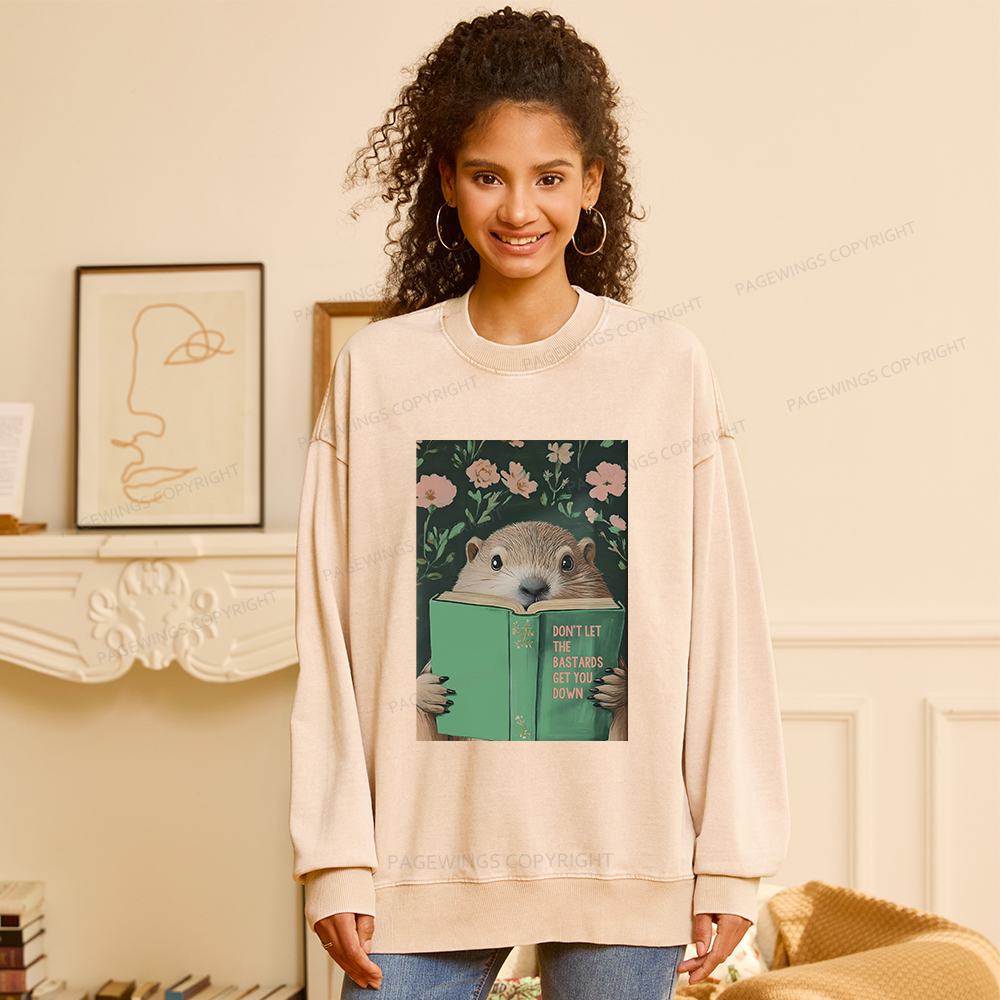 Pagewings Groundhog Reading Motivational Book Unisex Washed Sweatshirt