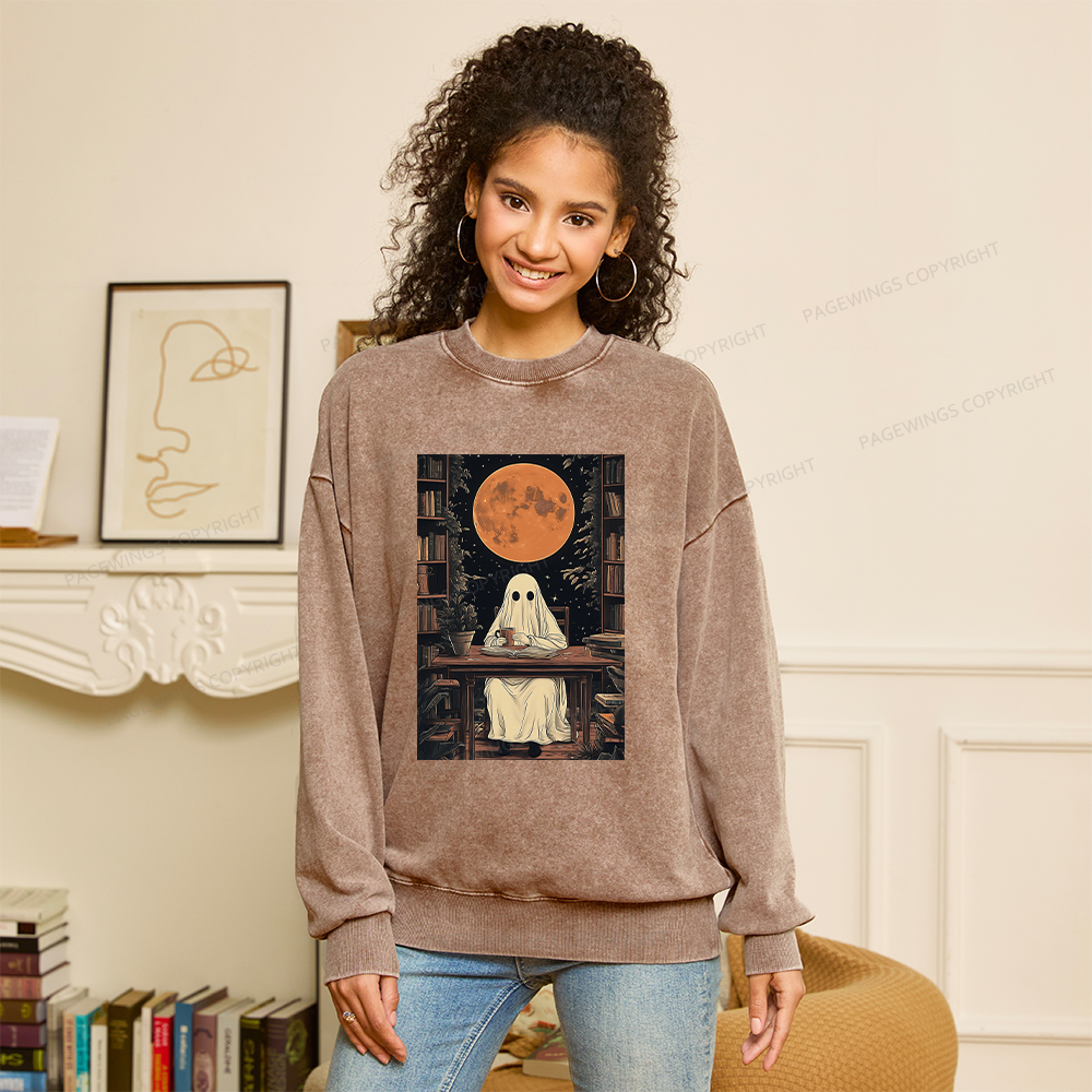 Pagewings Halloween Ghost Books Coffee Unisex Washed Sweatshirt
