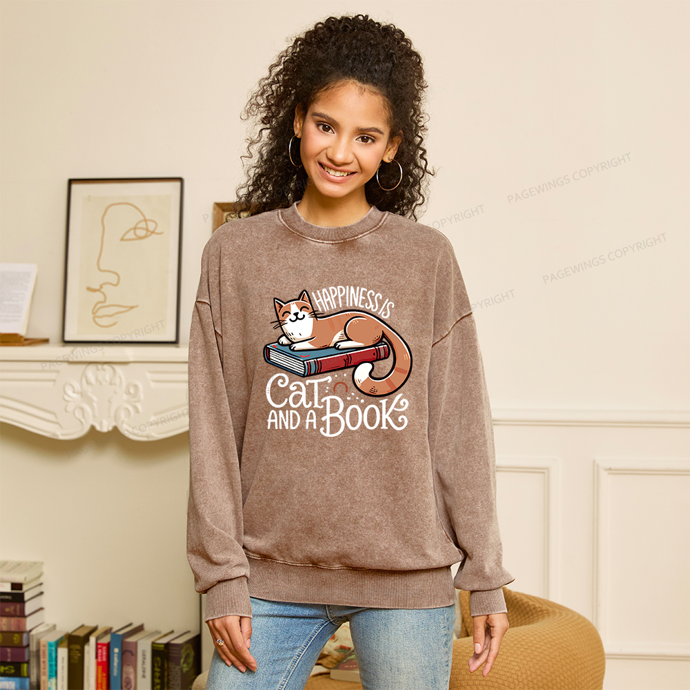 Pagewings Happiness Is A Cat And A Book Unisex Washed Sweatshirt
