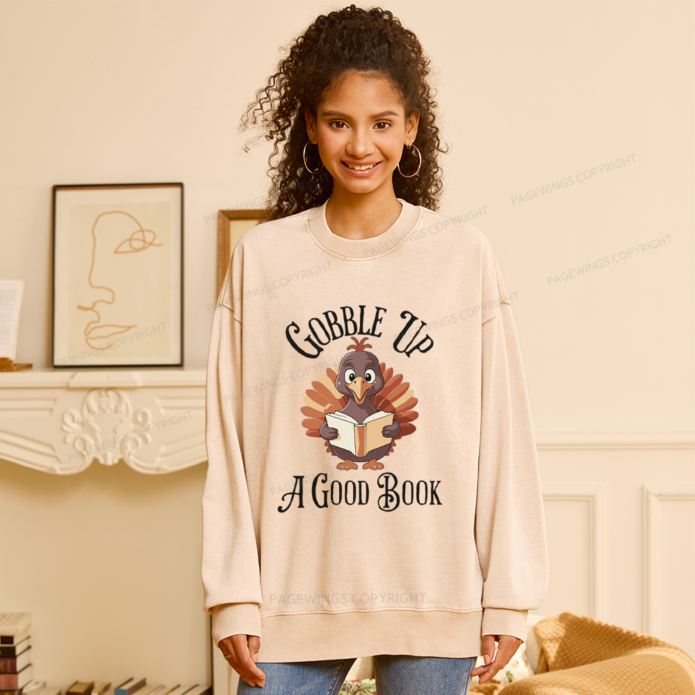 Pagewings Thanksgiving A Good Book Unisex Washed Sweatshirt