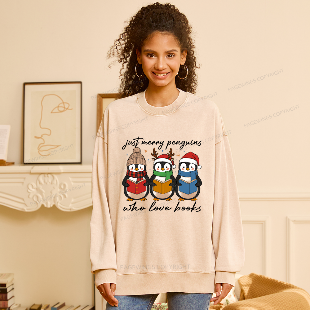 Pagewings Just Merry Penguins Who Love Books Unisex Washed Sweatshirt