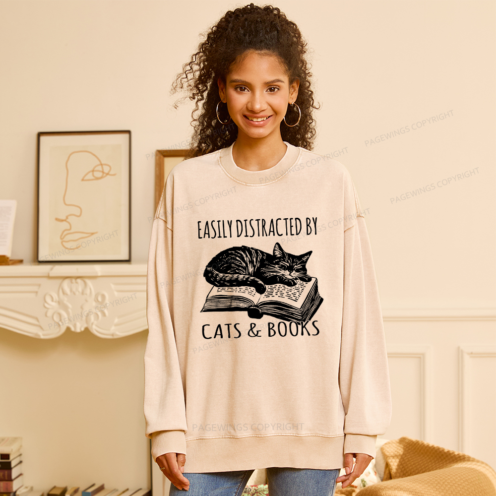 Pagewings Easily Distracted By Cats & Books Unisex Washed Sweatshirt