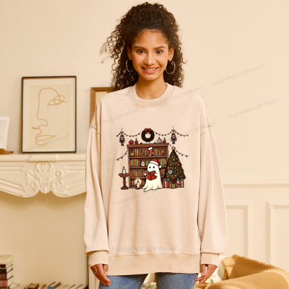 Pagewings Christmas Ghost Book Unisex Washed Sweatshirt