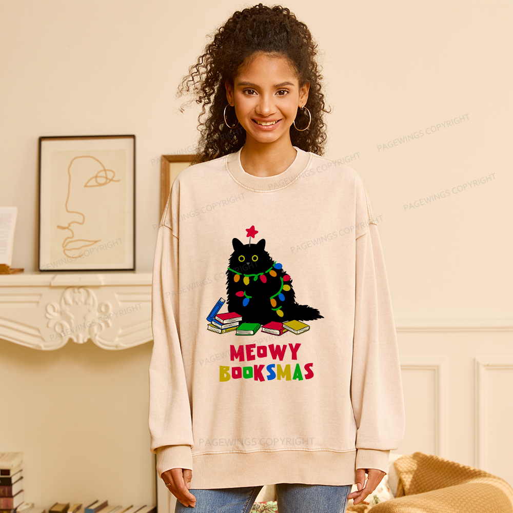 Pagewings Meowy Booksmas Unisex Washed Sweatshirt