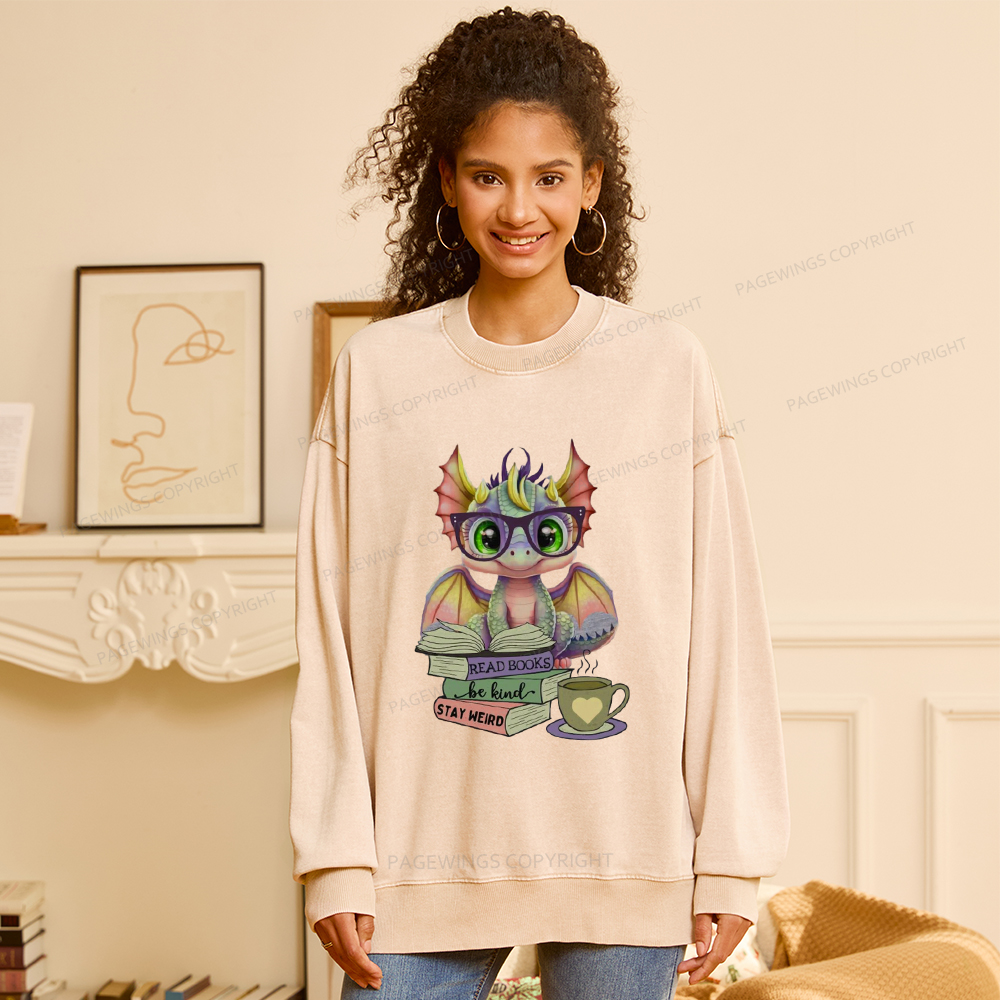 Pagewings Cute Dragon Reading Unisex Washed Sweatshirt