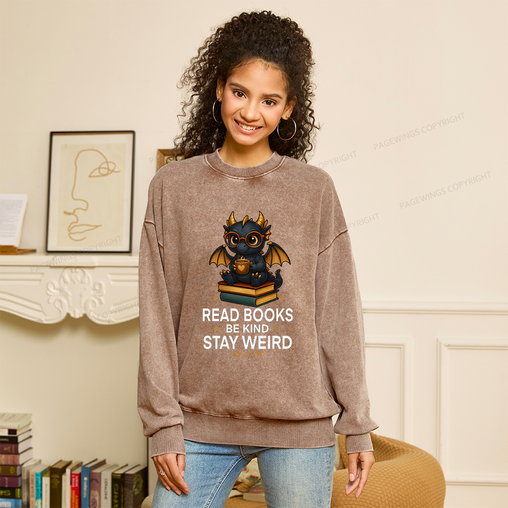 Pagewings Funny Dragon Read Books Be Kind Stay Weird Unisex Washed Sweatshirt